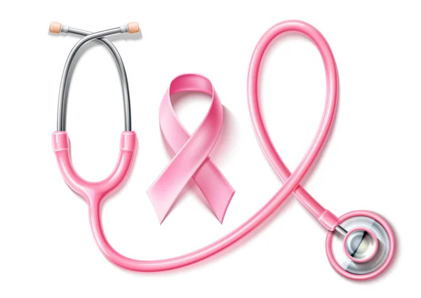 Vector pink ribbon 3d stethoscope breast cancer — Stock Vector