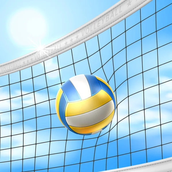Vector bola de vôlei de praia realista no céu azul líquido — Vetor de Stock