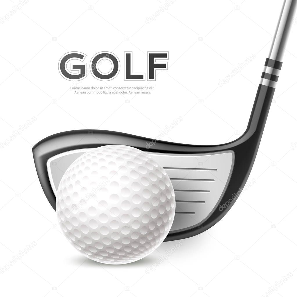 Golf tournament poster with realistic golf club, golf ball on green grass. Vector golf competition flyer design. Elite sport banner.