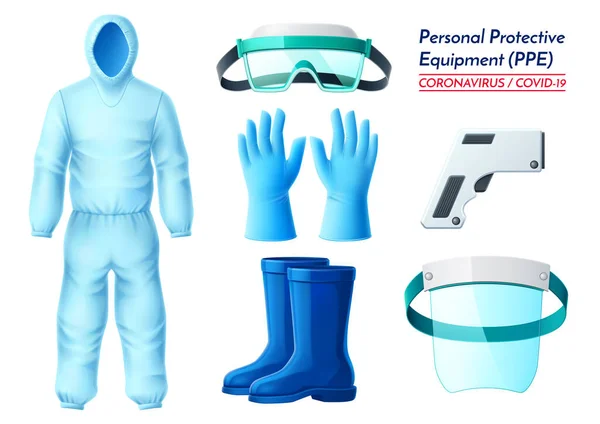 Conjunto de equipamentos de proteção médica covid azul vetor —  Vetores de Stock