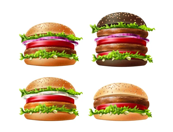 Vector 3d finom hamburger készlet, gyorsétterem snack — Stock Vector