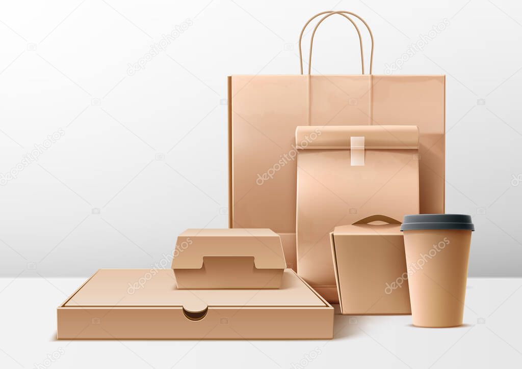 Vector cardboard food boxes shopping bags set