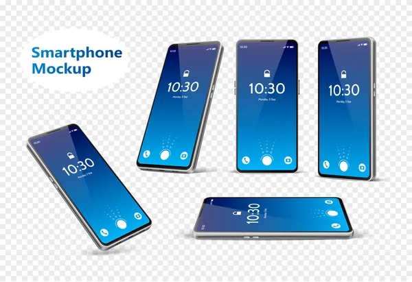 Vector azul frameless teléfono inteligente conjunto de maquetas 3d — Archivo Imágenes Vectoriales