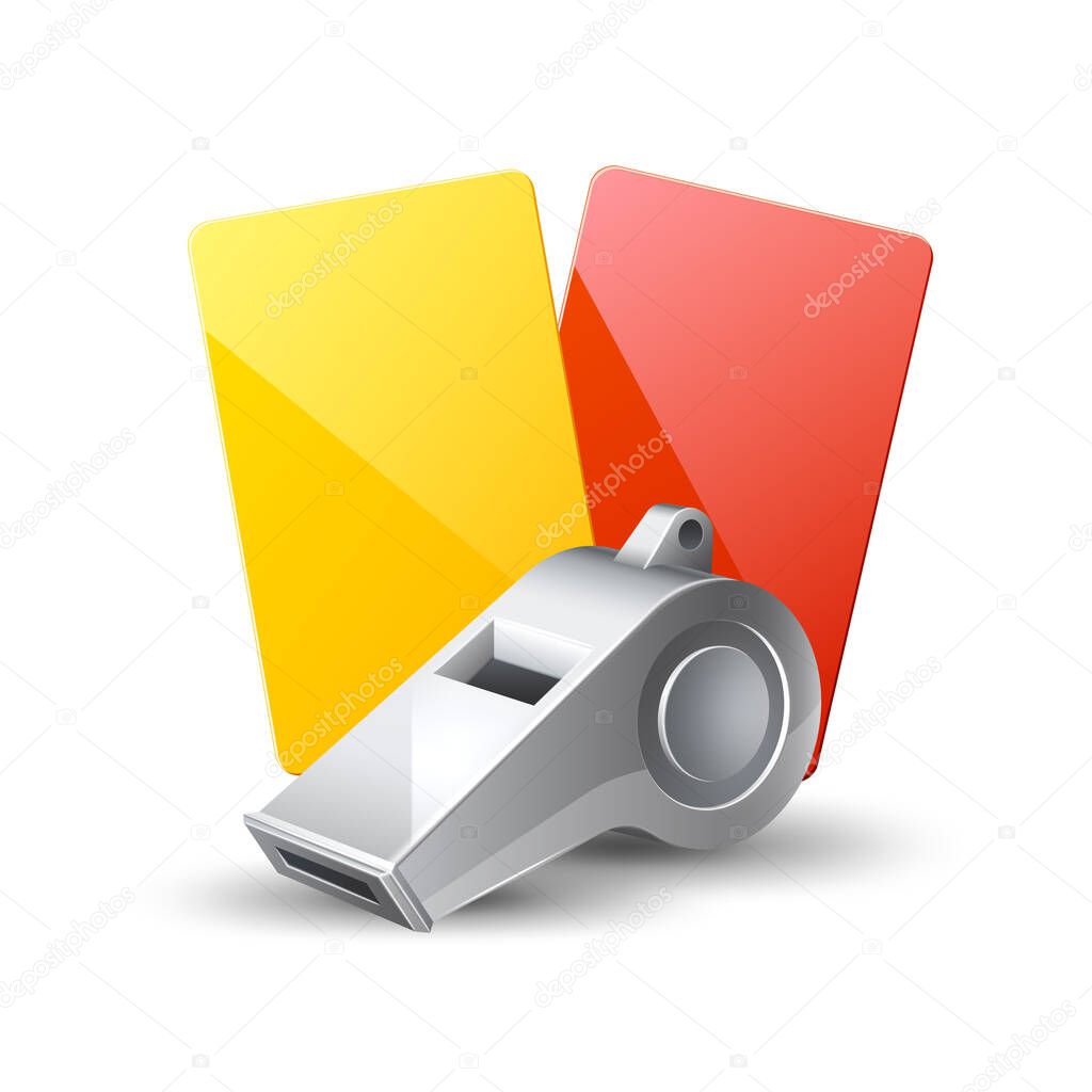 Vector realistic referee whistle red yellow cards