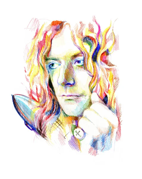 Sketch Portrait Robert Plant Led Zeppelin Material Colored Pencils Paper — Stock Photo, Image