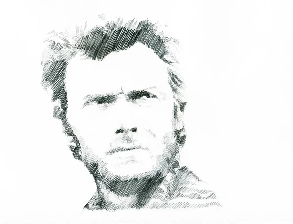 Schizzo Ritratto Clint Eastwood Materiale Matite Carta Immagine Stock