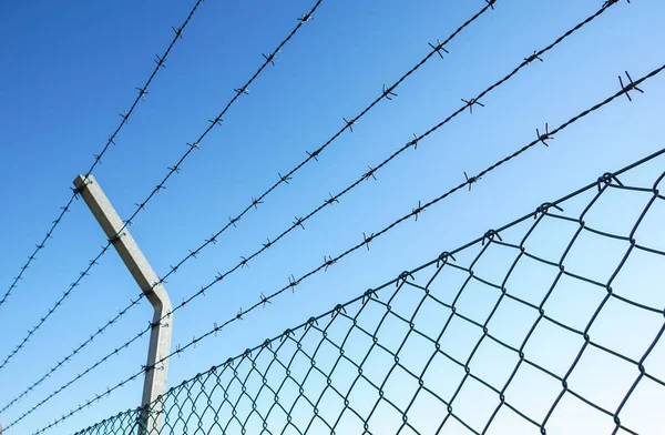 Coiled razor wire with its sharp steel barbs on top of a mesh perimeter fence ensuring safety and security — Stock Photo, Image