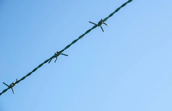 Filo di rasoio arrotolato con i suoi spigoli affilati in acciaio sulla parte superiore di una recinzione perimetrale in rete che garantisce sicurezza e protezione — Foto Stock