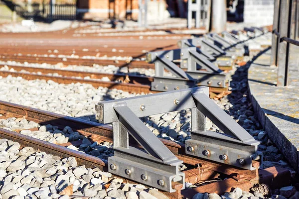 Pufferstopp. Ende Schienen Konzept für Begrenzung, Begrenzung Beschränkung Grenze, verboten, Ende, Grenze — Stockfoto