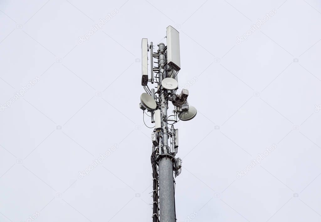 Technology on the top of the telecommunication GSM. Masts for mobile phone signal. Tower with antennas of cellular communication .