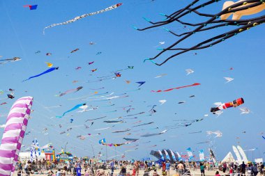 Cervia, İtalya - 1 Mayıs: Gökyüzü ucurtmalar Uluslararası Uçurtma Şenliği on Mayıs 1, 2010 Cervia, İtalya için dolu. Bu Festival birlikte uçurtma el ilanları üzerinden tüm dünyada her yıl 1981 yılından beri getiriyor.