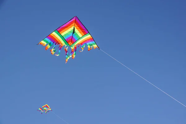 五颜六色的大风筝在天空中飞得很高。风筝节上的美丽风筝 — 图库照片