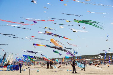Cervia, İtalya - 1 Mayıs: Gökyüzü ucurtmalar Uluslararası Uçurtma Şenliği üzerinde 1 Mayıs 2017 Cervia, İtalya için dolu. Bu Festival birlikte uçurtma el ilanları üzerinden tüm dünyada her yıl 1981 yılından beri getiriyor.