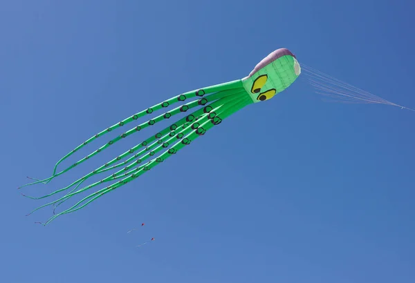 Разноцветные воздушные змеи, летящие в ярко-голубом небе — стоковое фото
