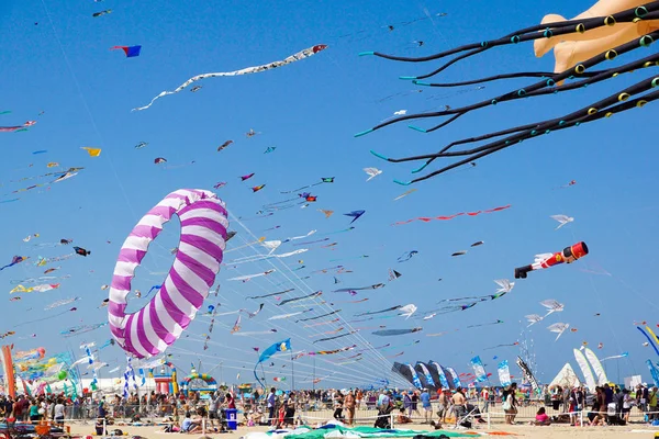 CERVIA, ITALIA, ABRIL 2018: Muchas cometas de colores en diferentes formas en Cervia festival internacional de cometas Artevento 2018, ubicado en la playa de pinarella . — Foto de Stock