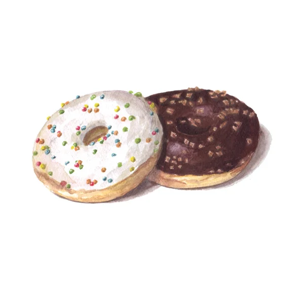 Elle çizilmiş güzel tatlılar. Suluboya illüstrasyon. Beyaz ve choolate krema ve çok renkli serpme ile donuts.