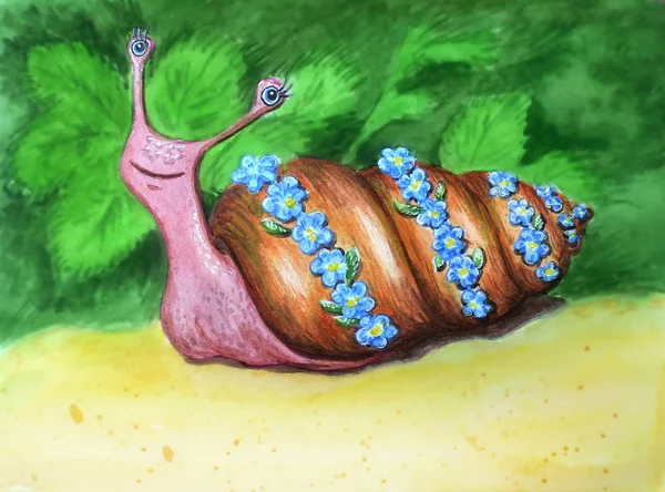 Belle Aquarelle Escargot Dans Une Couronne Fleurs Drôle Personnage Souriant — Photo