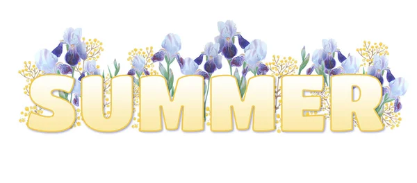 Word Summer Yellow Gradient Inscription White Background Bright Irises Yellow — Stock Photo, Image