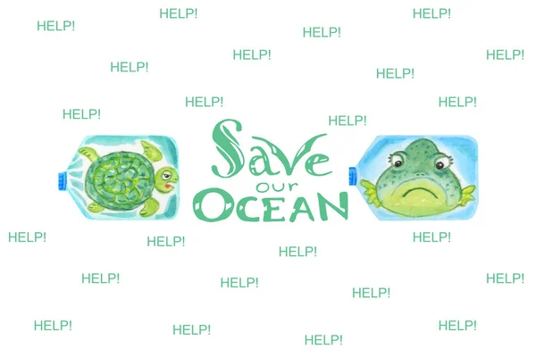Plastik şişelerde üzücü deniz hayvanları okyanus kırletıcı ile mutsuz — Stok fotoğraf