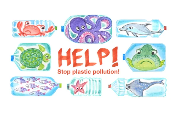 Sad sea animals in plastic bottles are unhappy with ocean pollut