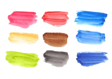 Renkli dikdörtgenler ile suluboya paleti. Çok renkli soyut el boyalı arka plan. Beyaz kağıt üzerinde fırça darbeleri kümesi.