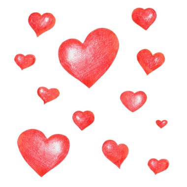 Tasarım, kompozisyon, tebrik için kırmızı el çizilmiş kalpleri bir dizi