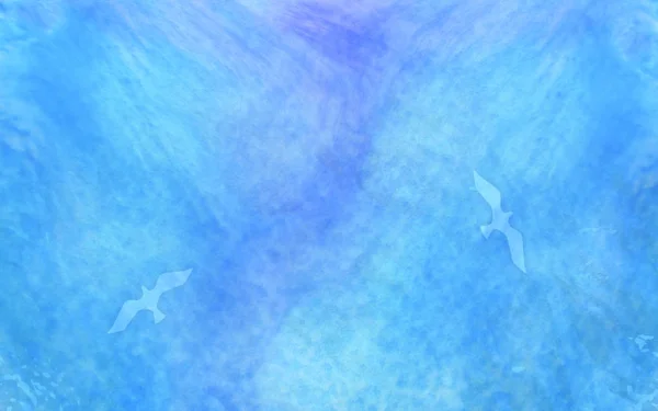 Abstracte blauwe aquarel achtergrond. Hemel met silhouet van seag — Stockfoto