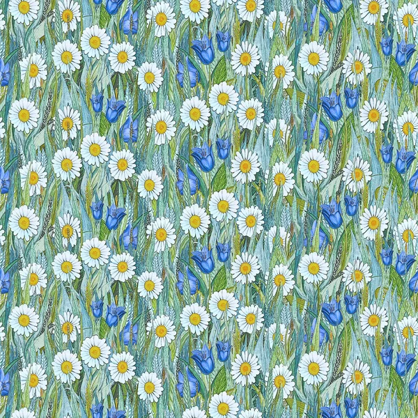 Seamless summer pattern of chamomiles,  bluebells on the grass.