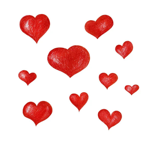 Sada červených ručně kreslené srdcí pro návrh, složení, pozdravy — Stock fotografie