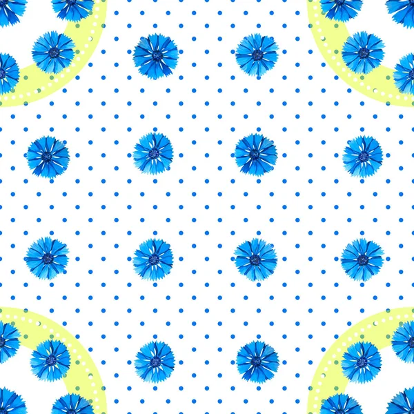 White seamless pattern with blue flowers. Watercolor cornflowers, polka dot background. — Stock Photo, Image