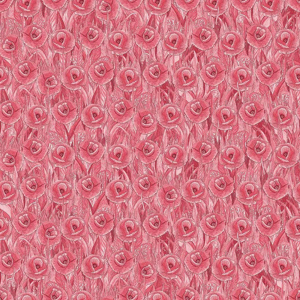 Nahtloses Muster von Mohn auf dem Gras. rosa Hintergrund in Form einer Blumenwiese. — Stockfoto