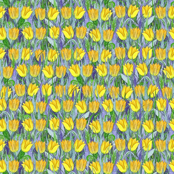 Seamless summer pattern of yellow tulips on the grass. Colorful background in the form of a flower glade.