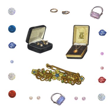 Bir dizi mücevher. Beyaz üzerine izole edilmiş güzel parlak aksesuarlar. 