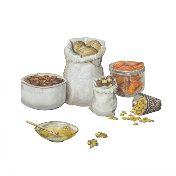 Hermosa ilustración con frutos secos y frutos secos en platos y sacos . — Foto de Stock