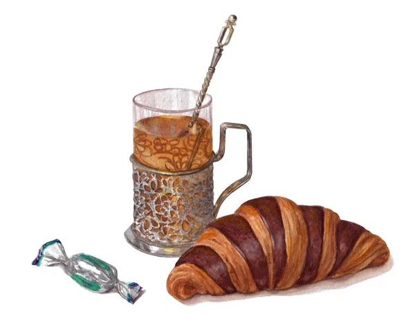 Croissant, candy in candy wrappers, beautiful old glass holder with a glass of tea, drawn by hand.