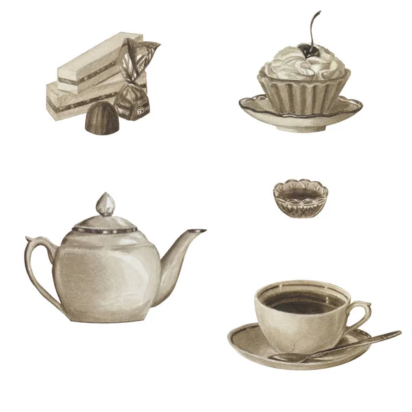 Sepia color tea set isolated on white. Porcelain teapot, cup, sweets. Watercolor beautiful illustration drawn by hand.ation drawn by hand. — Stock Photo, Image