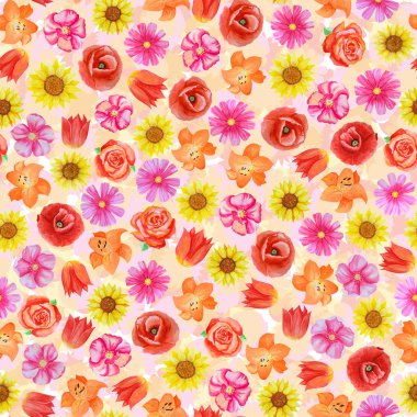 Pastel ışık arka planda dikişsiz çiçek deseni. Farklı parlak çiçekler.