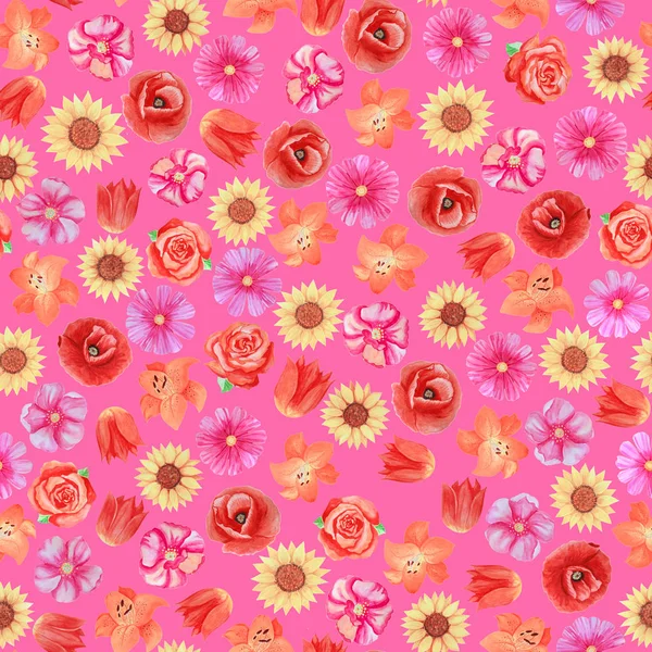 Nahtloses Blumenmuster auf rosa Hintergrund. verschiedene helle Blüten. — Stockfoto