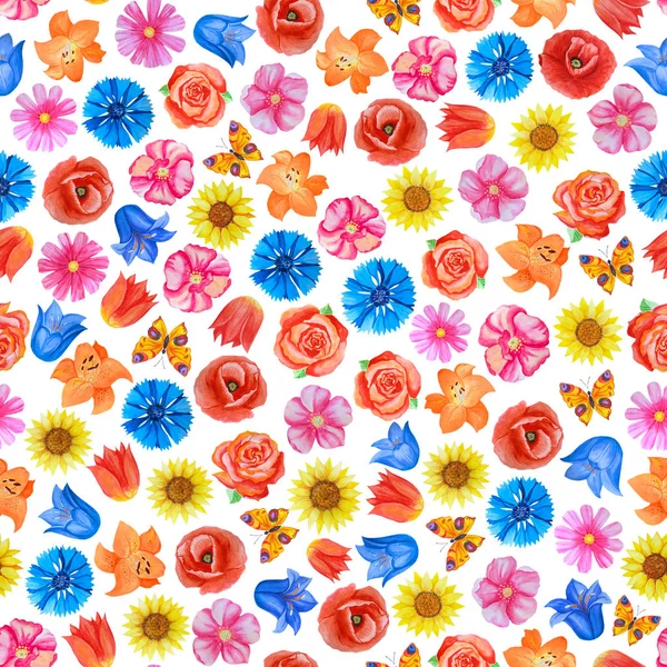 Nahtloses Blumenmuster auf weißem Hintergrund. verschiedene helle Blüten. — Stockfoto
