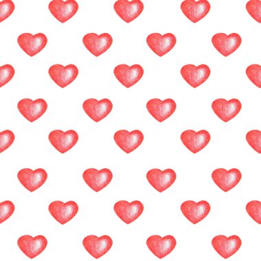 Aşk temes dikişsiz doku. Beyaz arka plan. Beyaz izole kırmızı kalpleri ile basit sorunsuz desen.