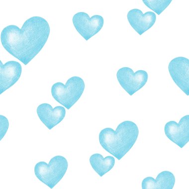 Beyaz arka plan. Beyaz izole mavi kalpleri ile dikişsiz desen.