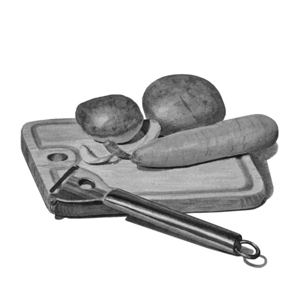 Дерев'яна кухонна дошка ізольована на білому. Мальована вручну картопля і морква, ніж для очищення овочів — стокове фото