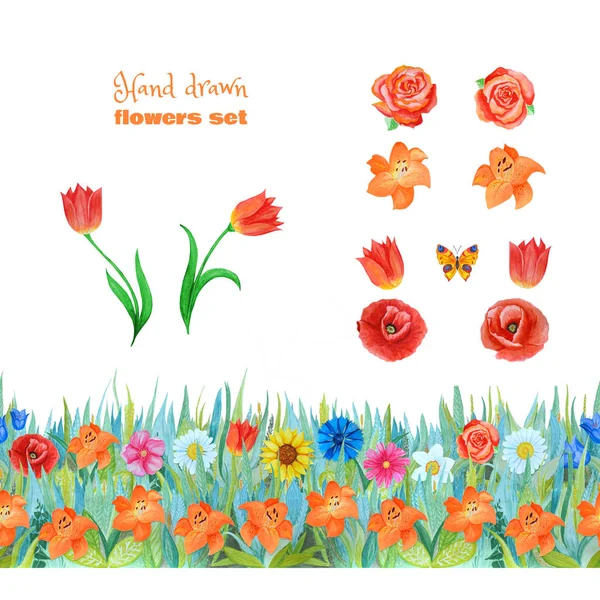 Orangefarbene und rote Blumen. Mohn, Tulpen, Rosen, Lilien. nahtloser floraler Rand — Stockfoto