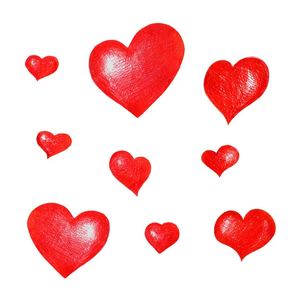 Sada červených ručně kreslené srdcí pro návrh, složení, pozdravy. — Stock fotografie