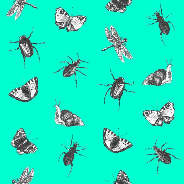 Bright seamless green pattern with butterflies, beetles and dragonflies. — Stock Photo, Image