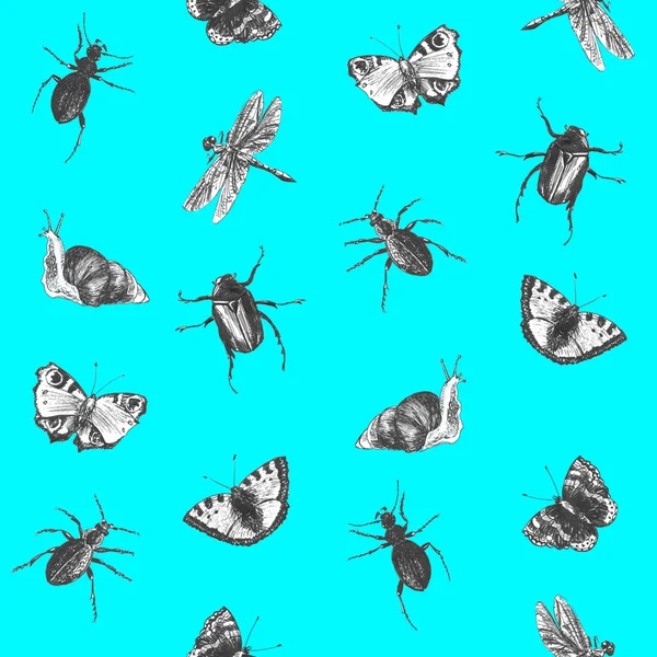 Bright seamless summer pattern with butterflies, beetles and dragonflies. — Stock Photo, Image