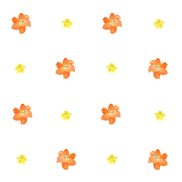 Einfaches nahtloses Muster orangefarbener und gelber Lilien in verschiedenen Größen isoliert auf weißem Hintergrund. — Stockfoto