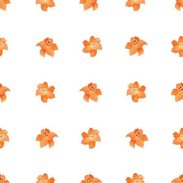 Simple seamless pattern of orange lilies isolated on white background.