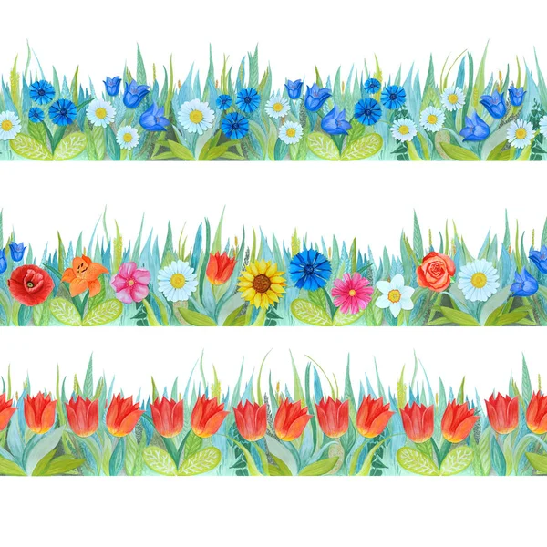 Coloridos bordes florales sin costura. Fondo brillante - hierba y flores . —  Fotos de Stock