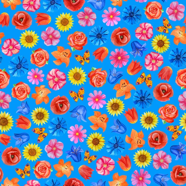 Seamless floral pattern on blue background. Different bright flowers. — Stock Photo, Image